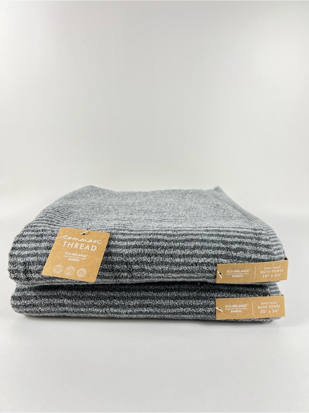 Common Thread Bath Towels Bamboo Eco-Mélange Gray Striped Soft Set of 2 NEW